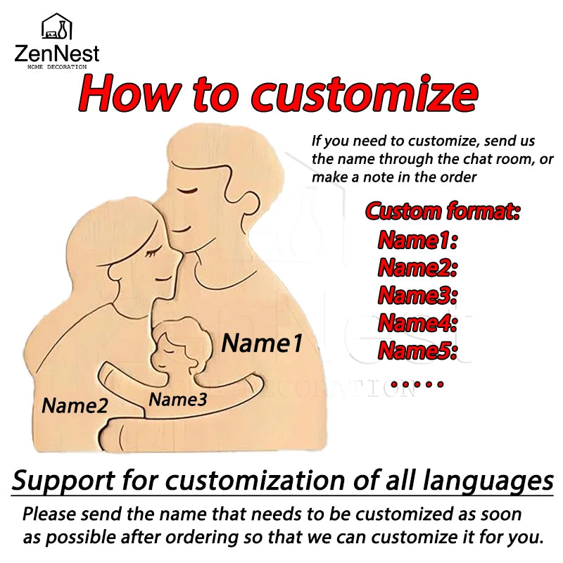 Statuette Silhouette Famille en Bois Personnalisée – Puzzle Décoratif Parents & Enfant