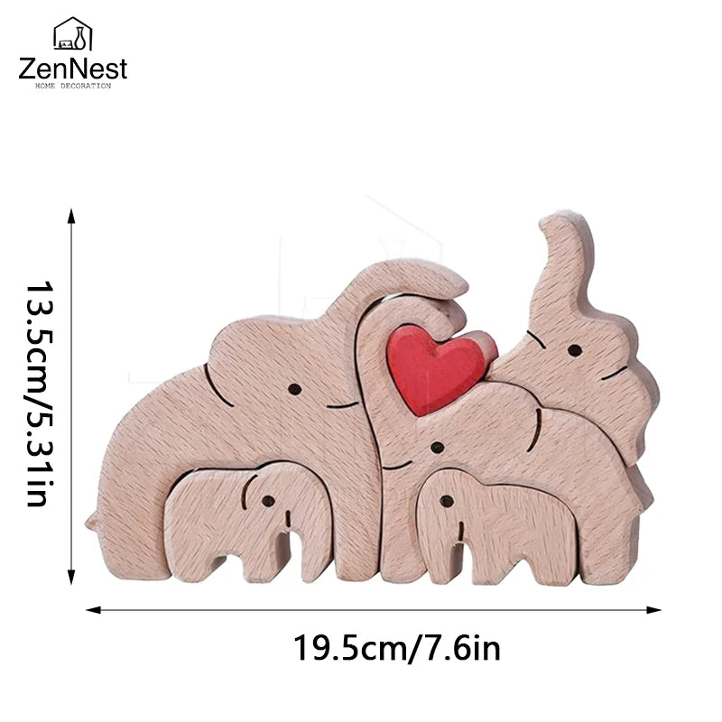 Puzzle Familial Éléphants Rose en Bois Personnalisable – Statuette Décorative Prénoms Gravés