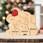 Statuette Éléphants Famille en Bois Personnalisée – Puzzle Décoratif Cœur & Prénoms