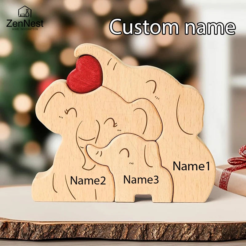 Statuette Éléphants Famille en Bois Personnalisée – Puzzle Décoratif Cœur & Prénoms