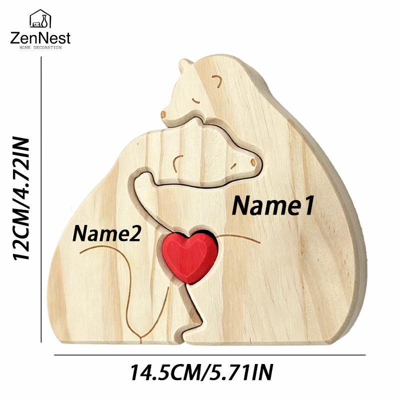 Ours, famille, bois, personnalise, prenom, gravure, coeur, puzzle, figurine, statue, decoration, maison, cadeau-anniversaire, fete-des-peres, chaleureux, cocon, sculpture.