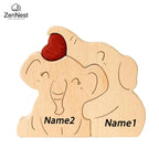 Statuette Éléphants Famille en Bois Personnalisée – Puzzle Décoratif Cœur & Prénoms