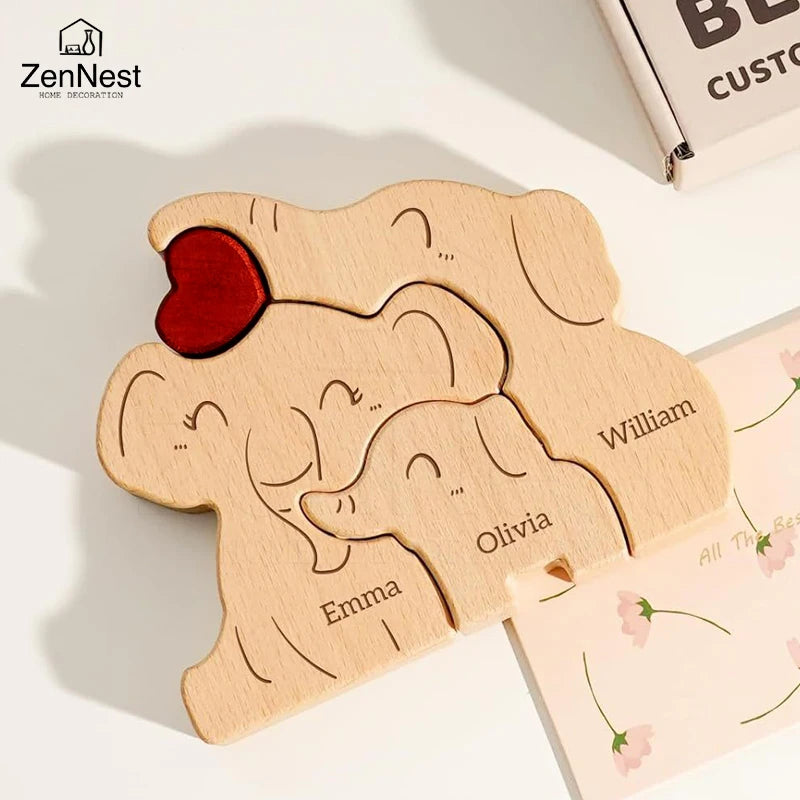 Statuette Éléphants Famille en Bois Personnalisée – Puzzle Décoratif Cœur & Prénoms