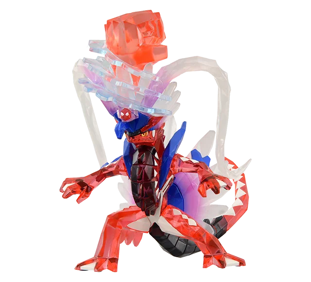 Sélection de figurines Pokémon variées incluant des Pokémon emblématiques, des formes de Teracristal et des dresseurs.