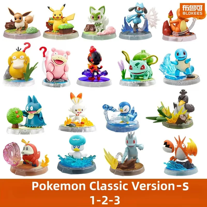 Figurines Pokémon sur socles thématiques représentants divers Pokémon populaires dans leur environnement