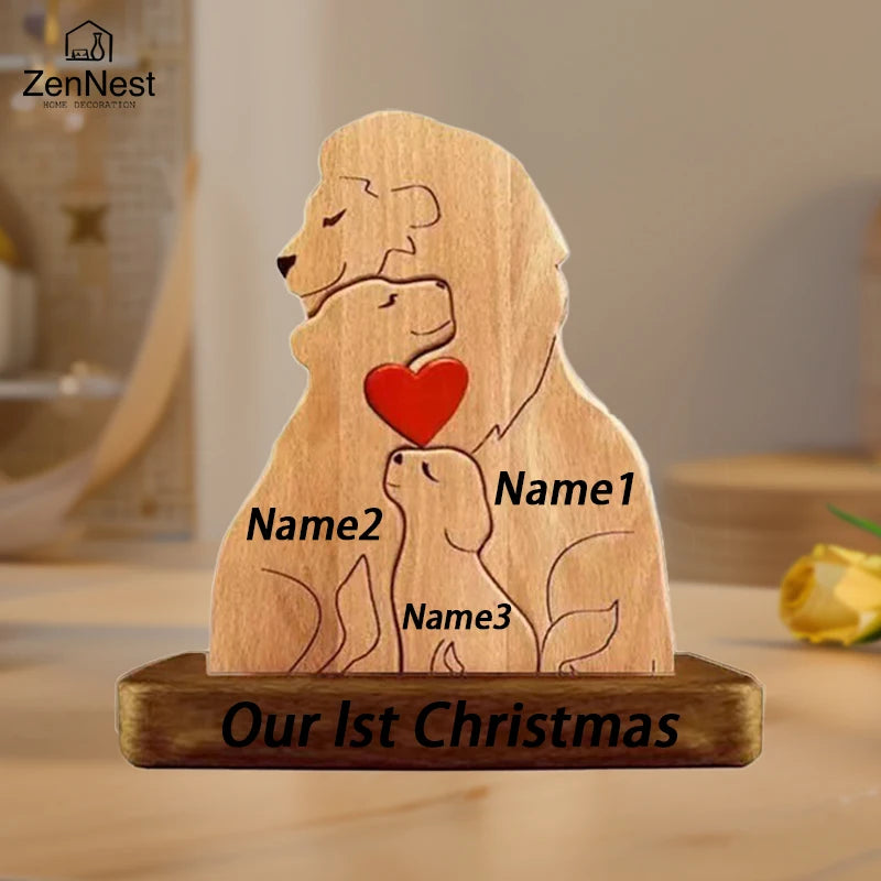 Statuette Lions Famille en Bois Personnalisée – Puzzle Décoratif Cœur & Noël
