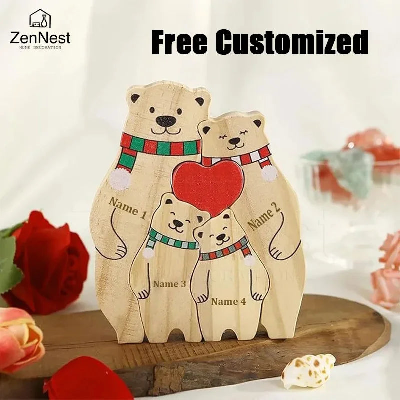 Statuette Ours Noël en Bois Personnalisée – Puzzle Décoratif Écharpe & Cœur Gravé
