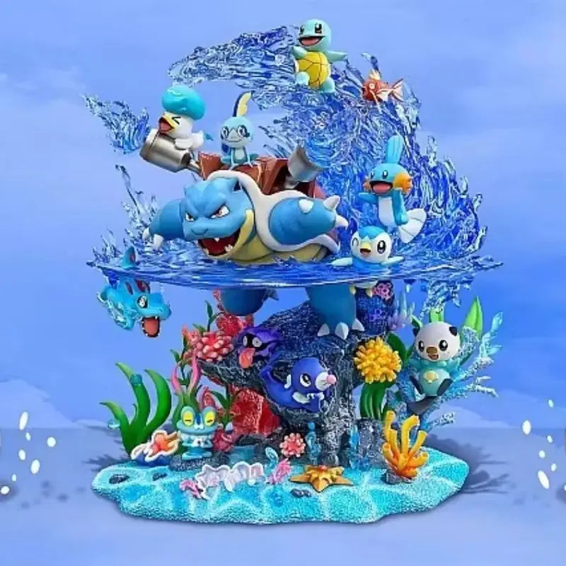 Grand diorama d'exception avec vitrine de protection, représentant la famille d'évolution de Carapuce et de magnifiques effets d'eau dynamiques