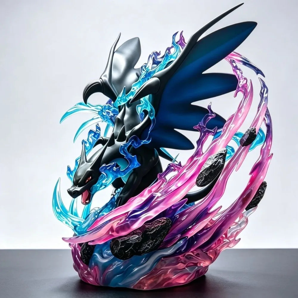 Superbe figurine de Méga-Dracaufeu X entouré de flammes bleues dévastatrices et d'effets d'énergie