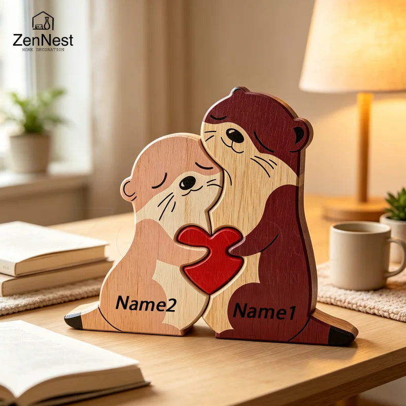 Statuette Loutres Famille en Bois Personnalisée – Puzzle Décoratif Cœur & Prénoms