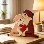Statuette Loutres Famille en Bois Personnalisée – Puzzle Décoratif Cœur & Prénoms