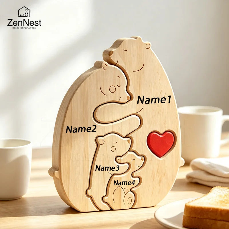 Puzzle Familial Ourse & Oursons en Bois Personnalisé – Statuette Cœur Gravée