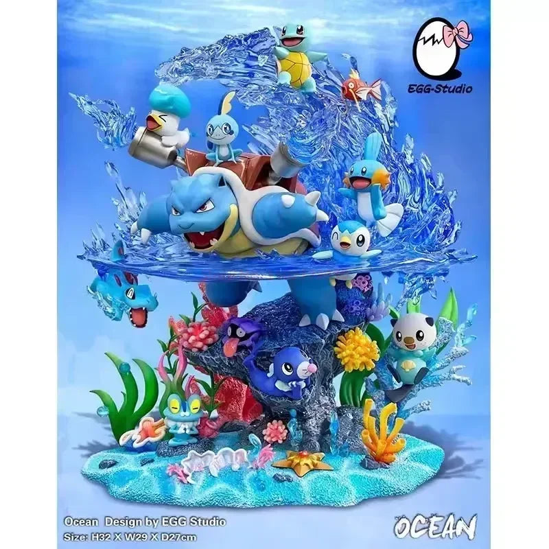 Grand diorama d'exception avec vitrine de protection, représentant la famille d'évolution de Carapuce et de magnifiques effets d'eau dynamiques