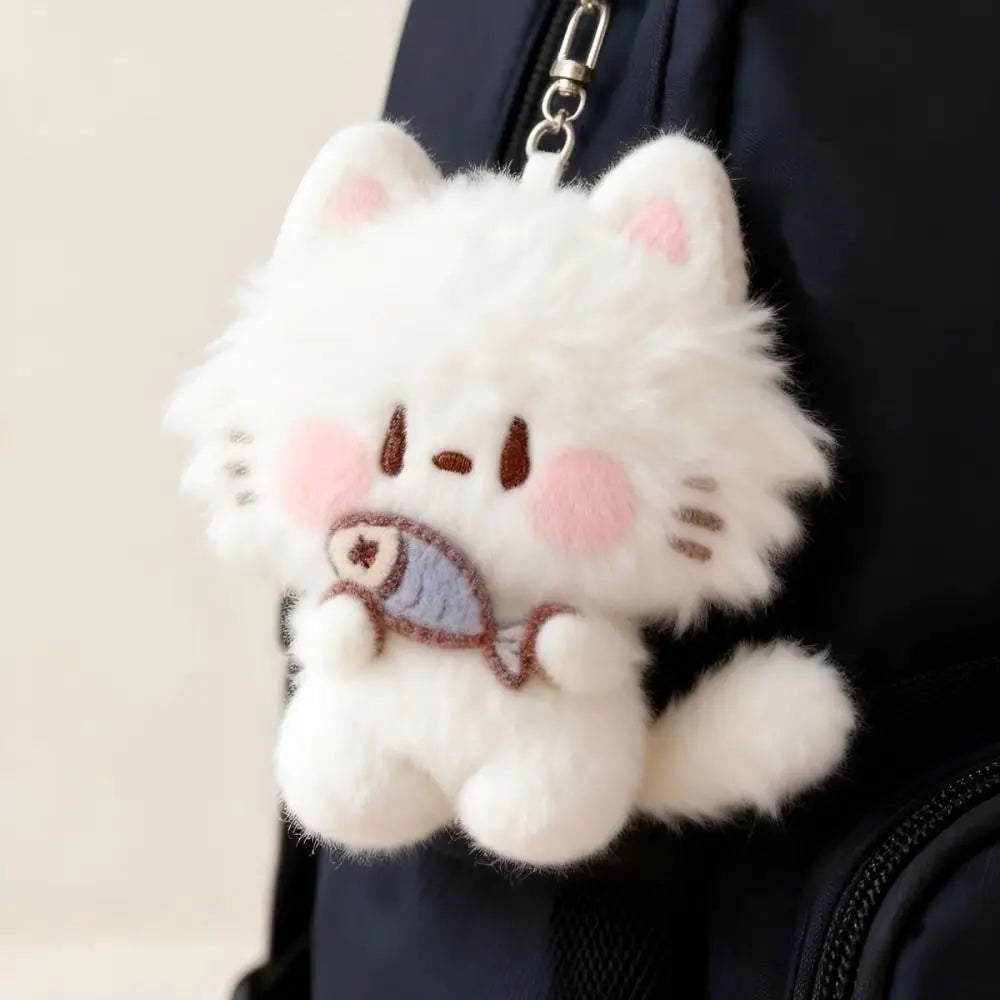 Porte-Clés Peluche Chat Blanc Poilu – Charm Sac Kitten avec Poisson