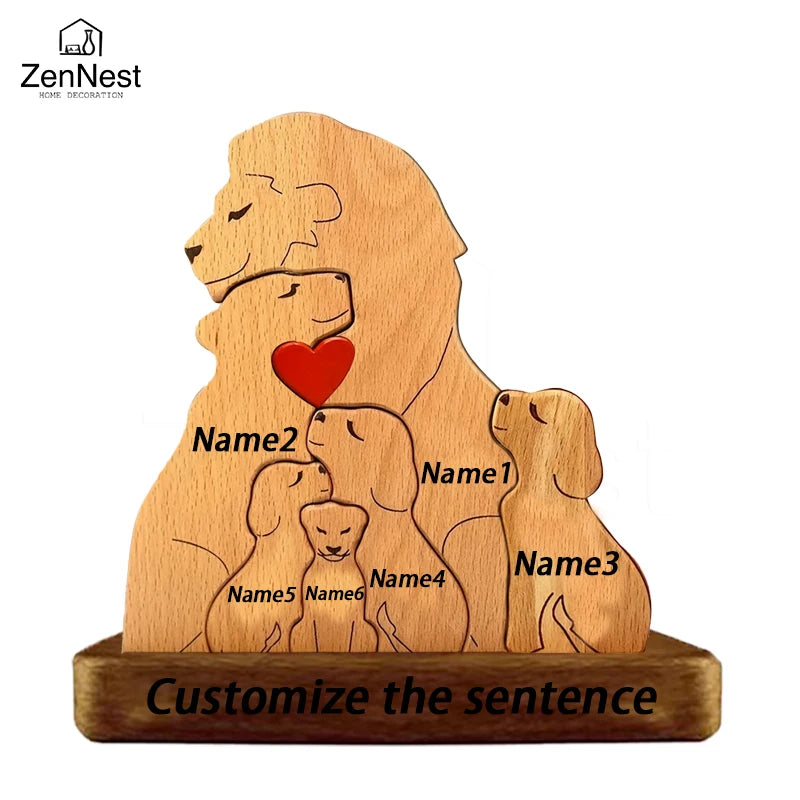 Statuette Lions Famille en Bois Personnalisée – Puzzle Décoratif Cœur & Noël