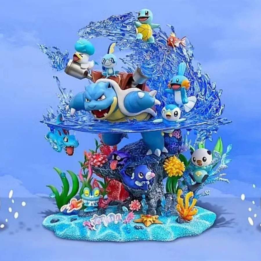 Grand diorama d'exception avec vitrine de protection, représentant la famille d'évolution de Carapuce et de magnifiques effets d'eau dynamiques