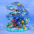Grand diorama d'exception avec vitrine de protection, représentant la famille d'évolution de Carapuce et de magnifiques effets d'eau dynamiques