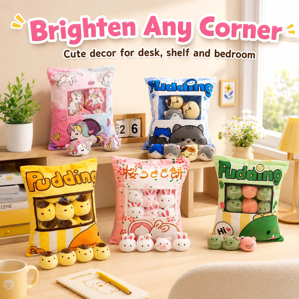 Sachet de Peluches Paquet de Gâteaux Kawaii – Coussin Snack Rempli de Mini Doudous