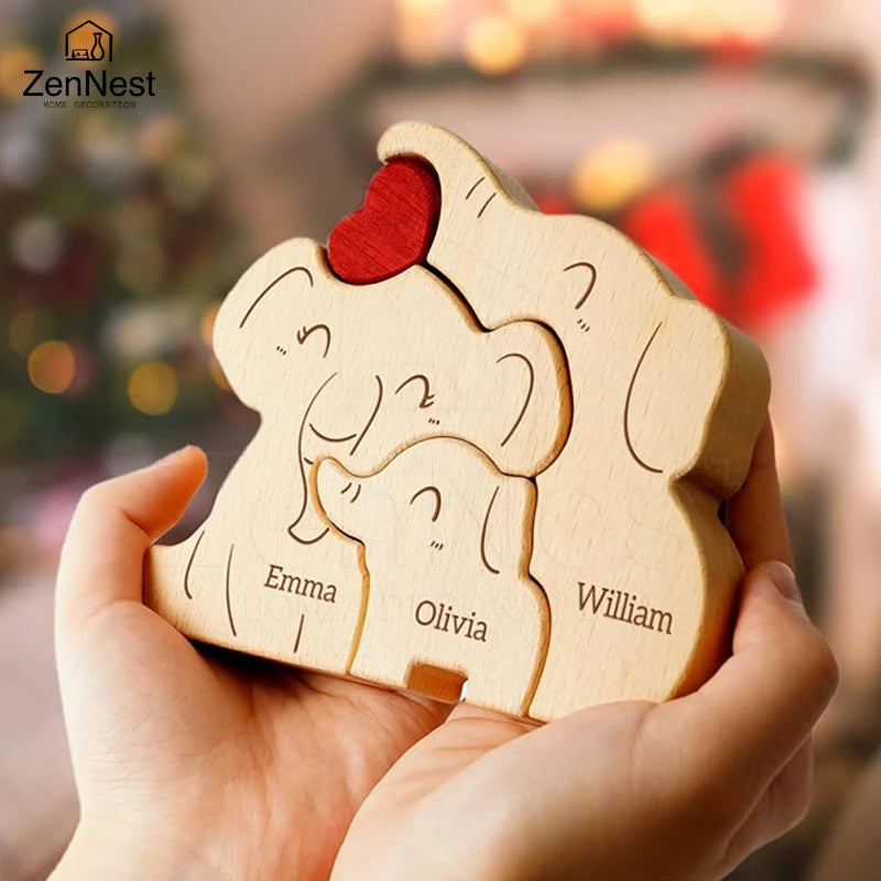Statuette Éléphants Famille en Bois Personnalisée – Puzzle Décoratif Cœur & Prénoms