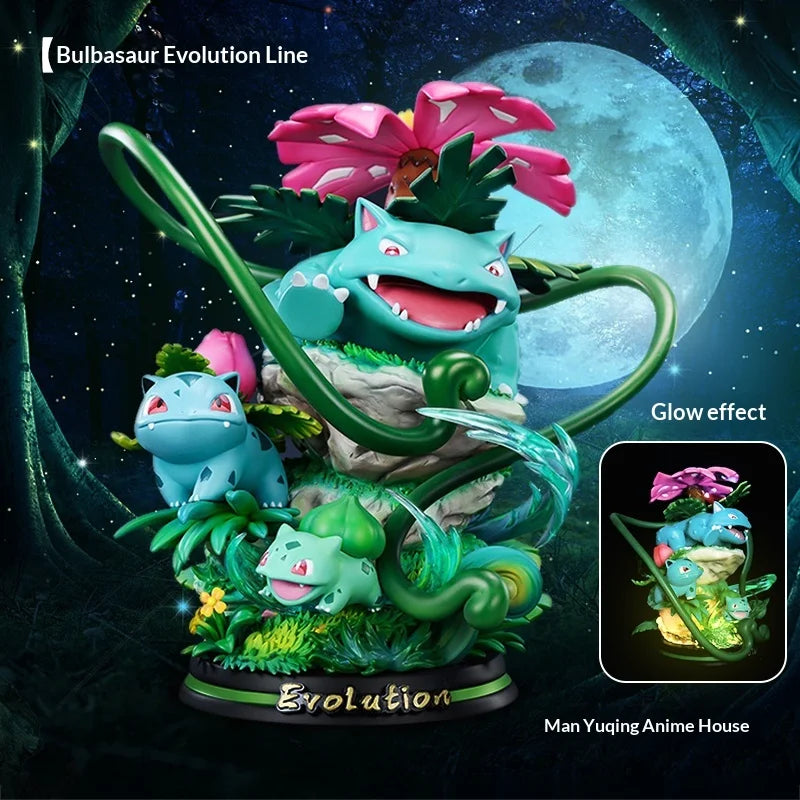 Statues de collection premium représentant divers Pokémon emblématiques accompagnés de socles et d'effets d'attaque spectaculaires.