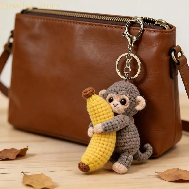 Porte-Clés Singe Tricoté avec Banane – Pendentif Crochet Fait Main Kawaii
