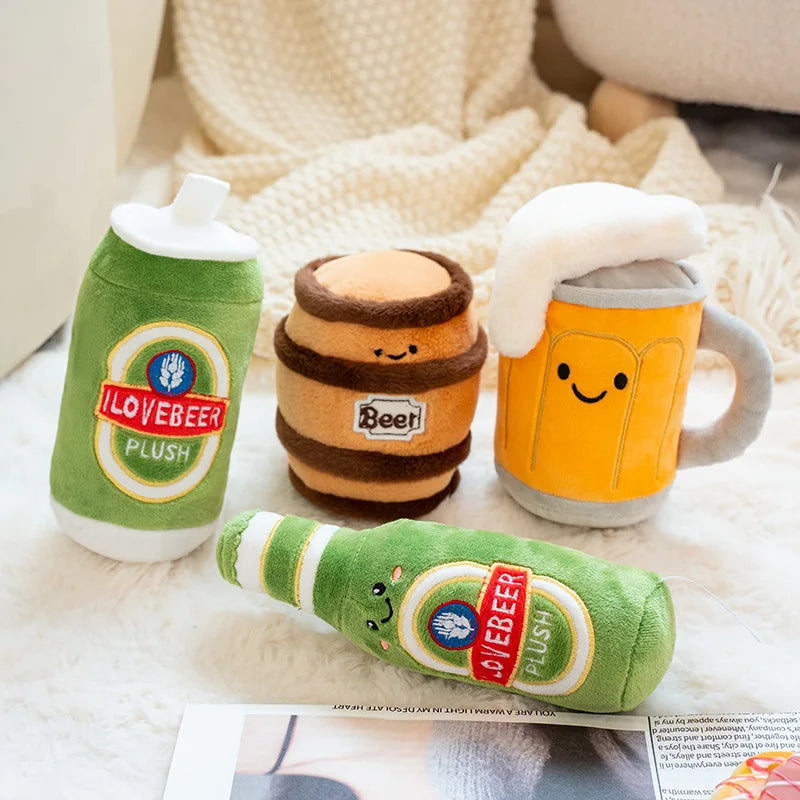Peluche Chope de Bière & Tonneau Mousse – Doudou Kawaii Rigolo Boisson