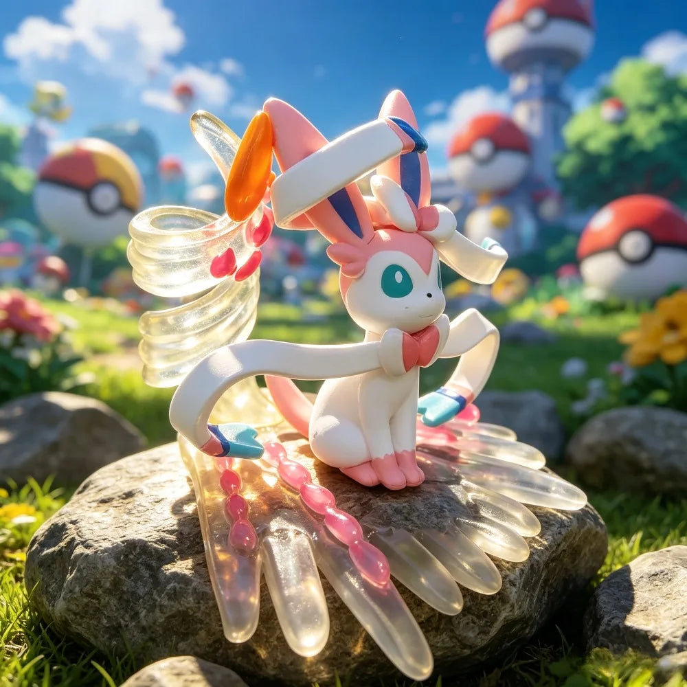 Ensemble de 8 mini-figurines Pokémon posées sur des socles en cristal coloré.