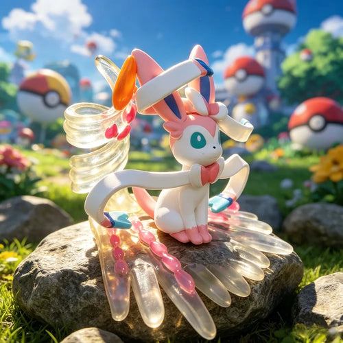 Ensemble de 8 mini-figurines Pokémon posées sur des socles en cristal coloré.