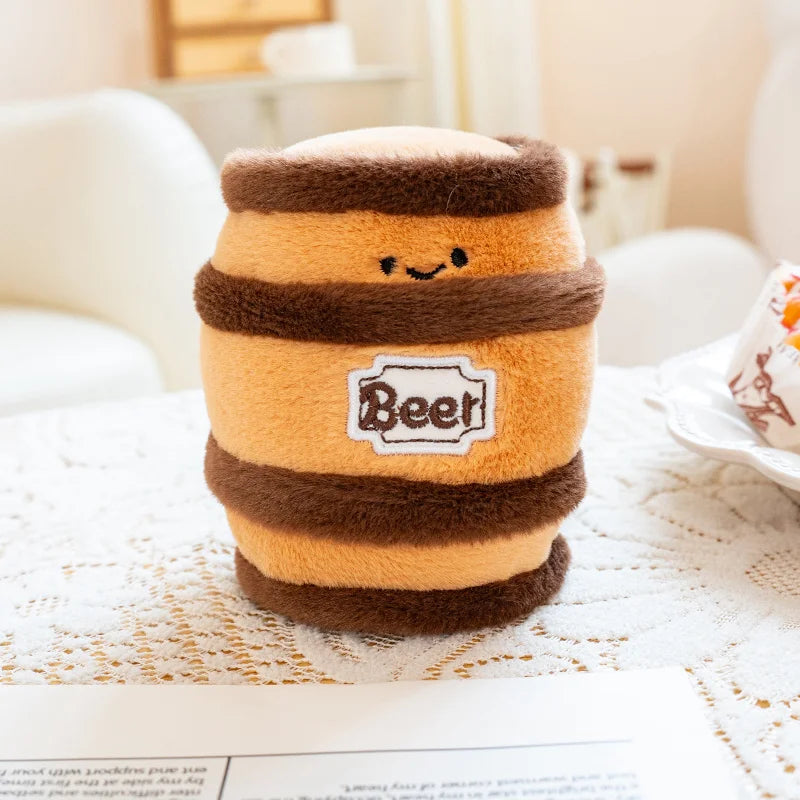 Peluche Chope de Bière & Tonneau Mousse – Doudou Kawaii Rigolo Boisson