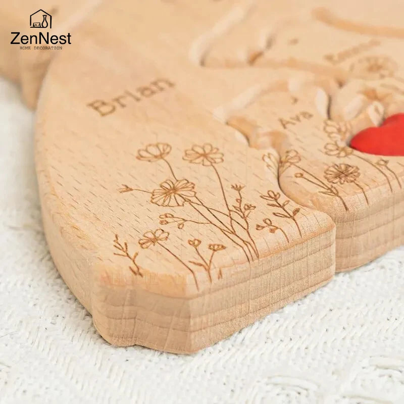 Statuette Ours Famille en Bois Personnalisée – Puzzle Décoratif Gravé Prénoms
