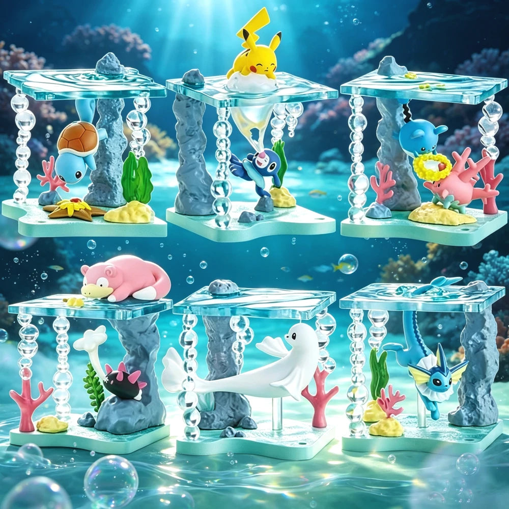 Lot de mini-figurines Pokémon variées présentées sur de petits socles thématiques d'environnement aquatique.
