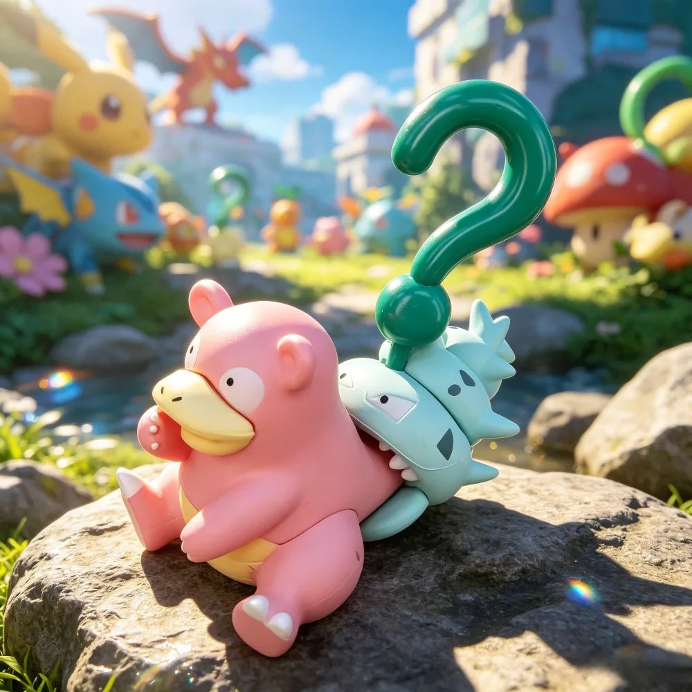 Ensemble de 8 mini-figurines Pokémon posées sur des socles en cristal coloré.