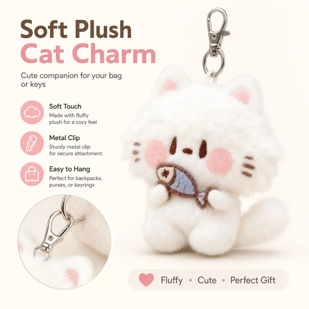 Porte-Clés Peluche Chat Blanc Poilu – Charm Sac Kitten avec Poisson
