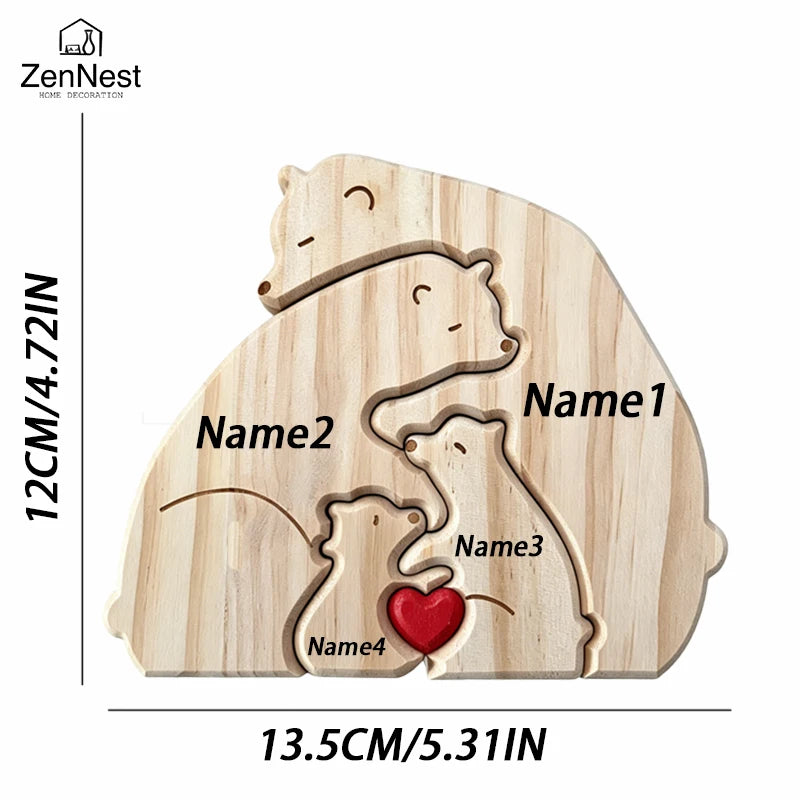 Ours, famille, bois, personnalise, prenom, gravure, coeur, puzzle, figurine, statue, decoration, maison, cadeau-anniversaire, fete-des-peres, chaleureux, cocon, sculpture.