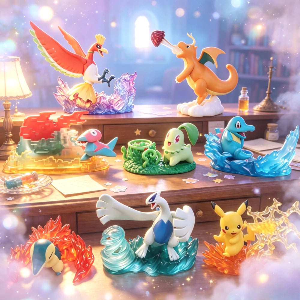 Ensemble de figurines Pokémon incluant des formes Teracristal translucides et des lignes évolutives