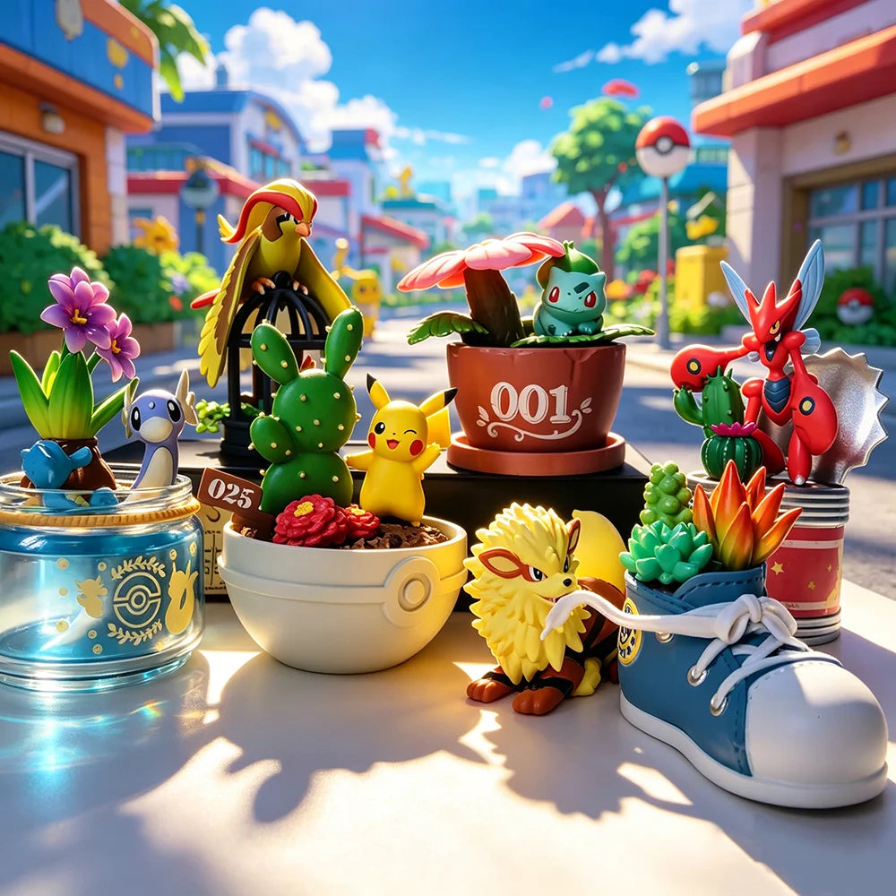 Lot de mini-figurines Pokémon variées présentées sur de petits socles thématiques d'environnement