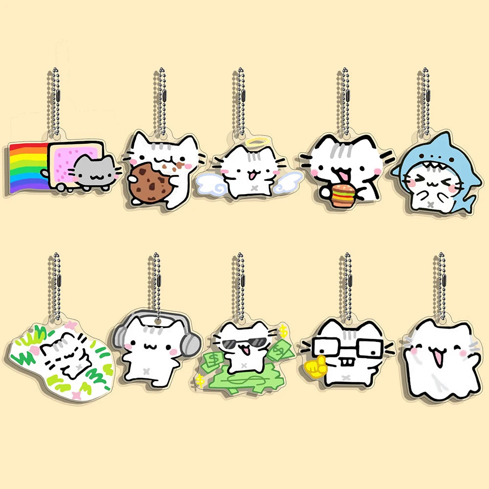 Lot Porte-Clés Chats Mèmes Internet – Pendentifs Illustration Chat Mignon & Drôle
