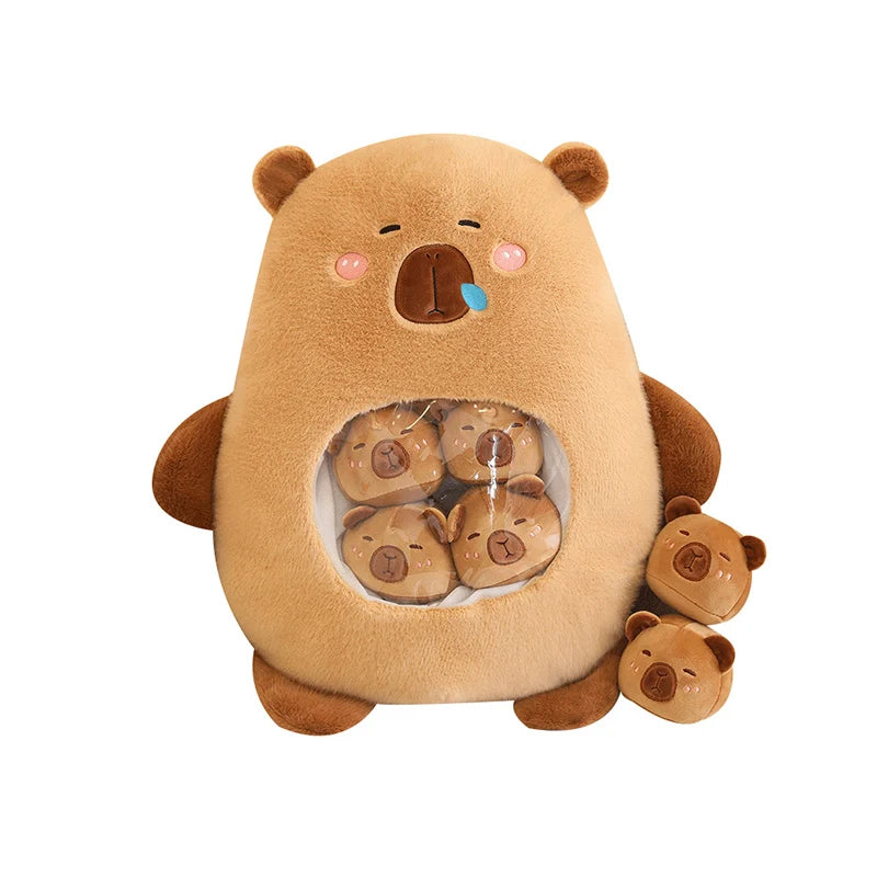Coussin Peluche Capybara Fenêtre – Sachet Transparent Rempli de Mini Doudous