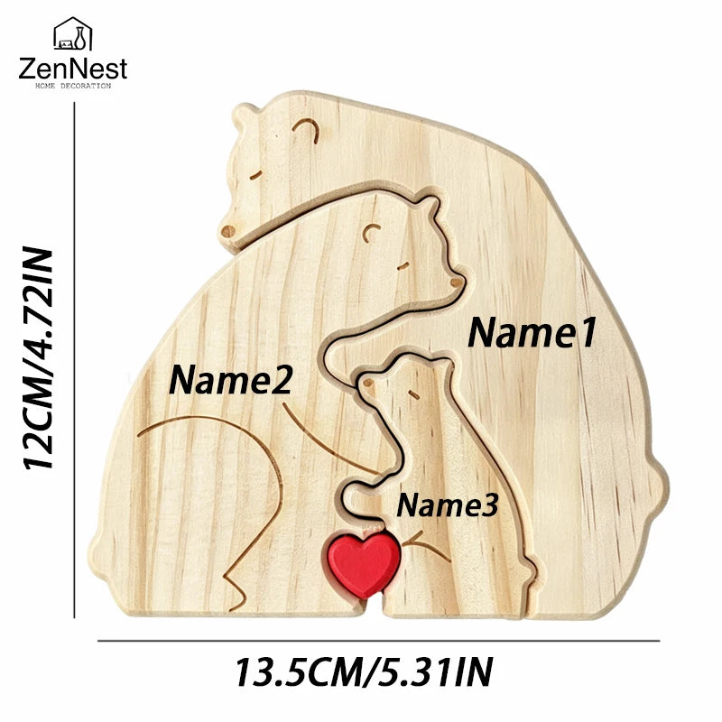 Ours, famille, bois, personnalise, prenom, gravure, coeur, puzzle, figurine, statue, decoration, maison, cadeau-anniversaire, fete-des-peres, chaleureux, cocon, sculpture.