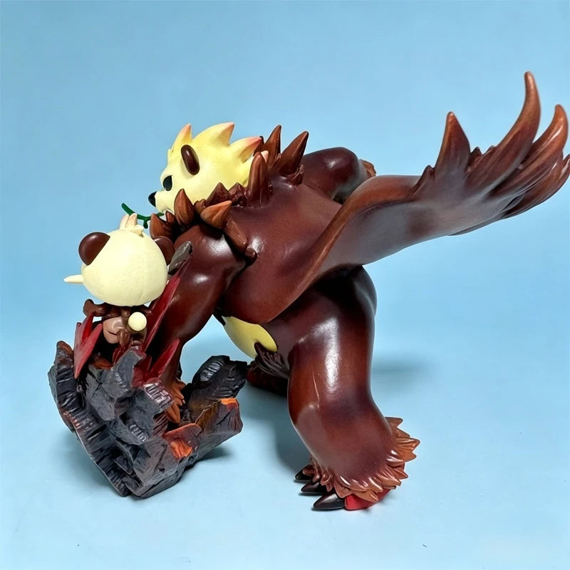 Statuette Pokémon dynamique représentant Pandarbare et Pandespiègle avec des effets d'énergie rose sur un socle d'affrontement.
