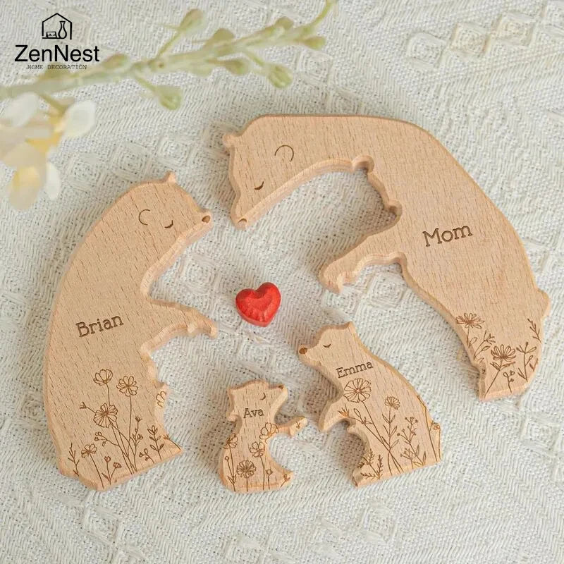 Statuette Ours Famille en Bois Personnalisée – Puzzle Décoratif Gravé Prénoms