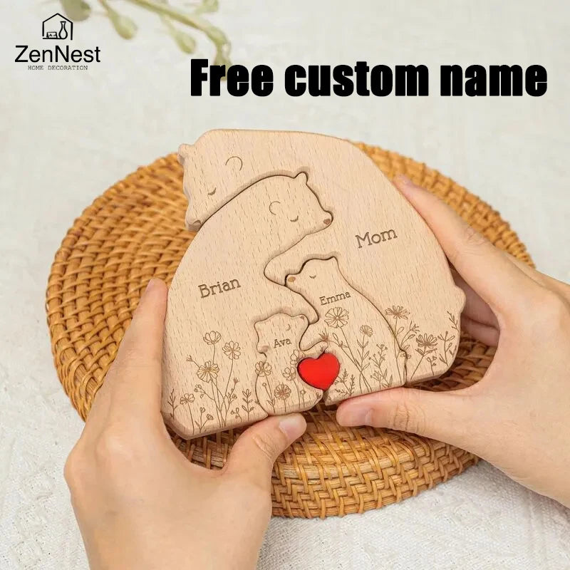 Statuette Ours Famille en Bois Personnalisée – Puzzle Décoratif Gravé Prénoms