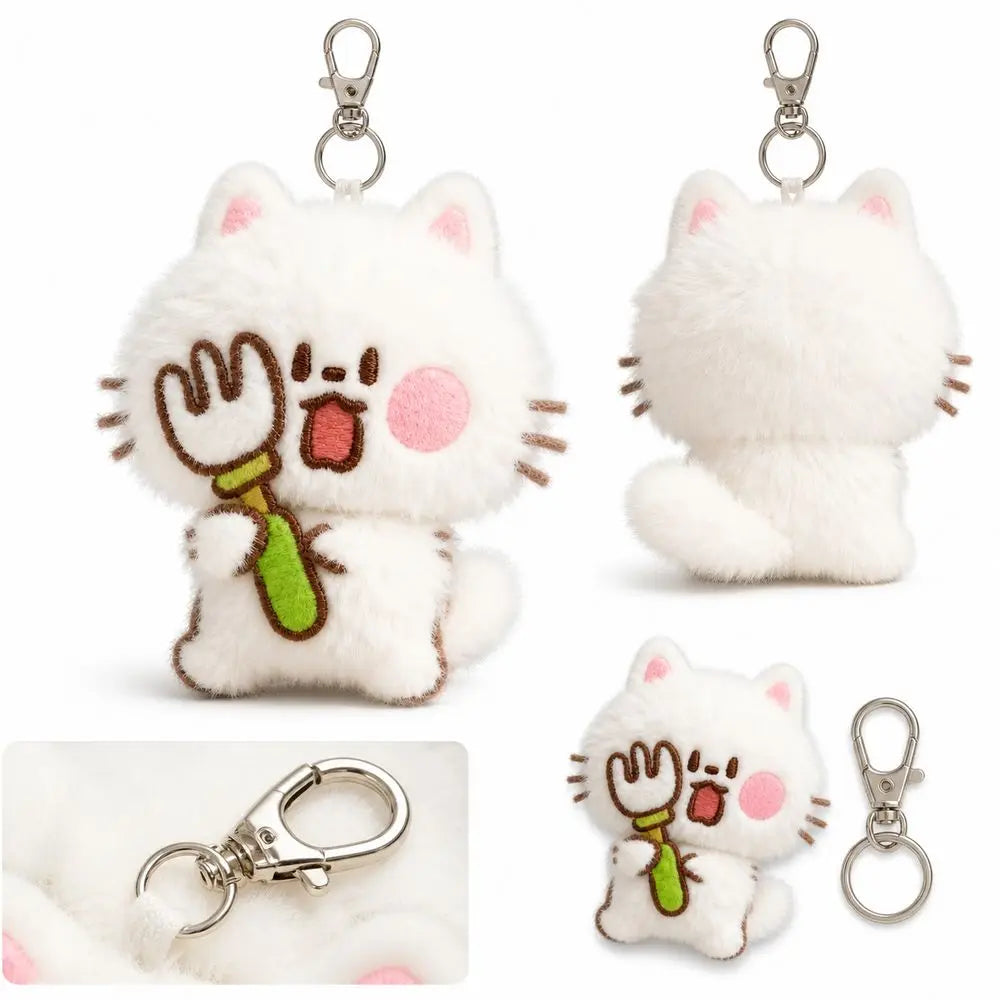 Porte-Clés Peluche Chat Blanc Poilu – Charm Sac Kitten avec Poisson