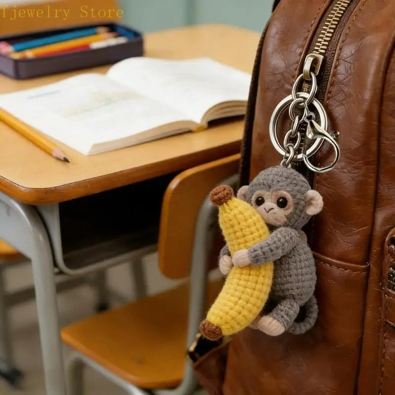 Porte-Clés Singe Tricoté avec Banane – Pendentif Crochet Fait Main Kawaii