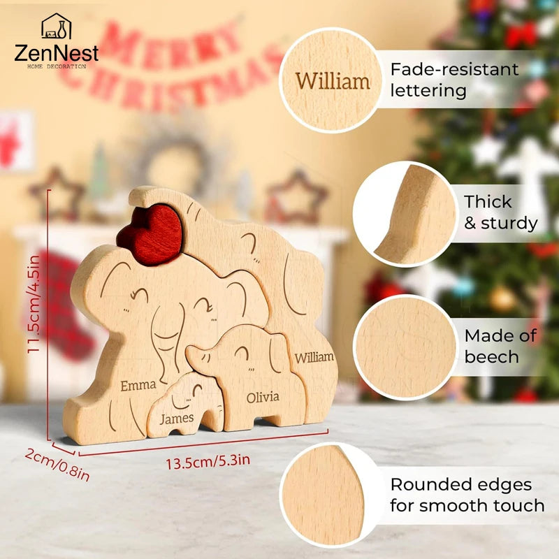 Statuette Éléphants Famille en Bois Personnalisée – Puzzle Décoratif Cœur & Prénoms