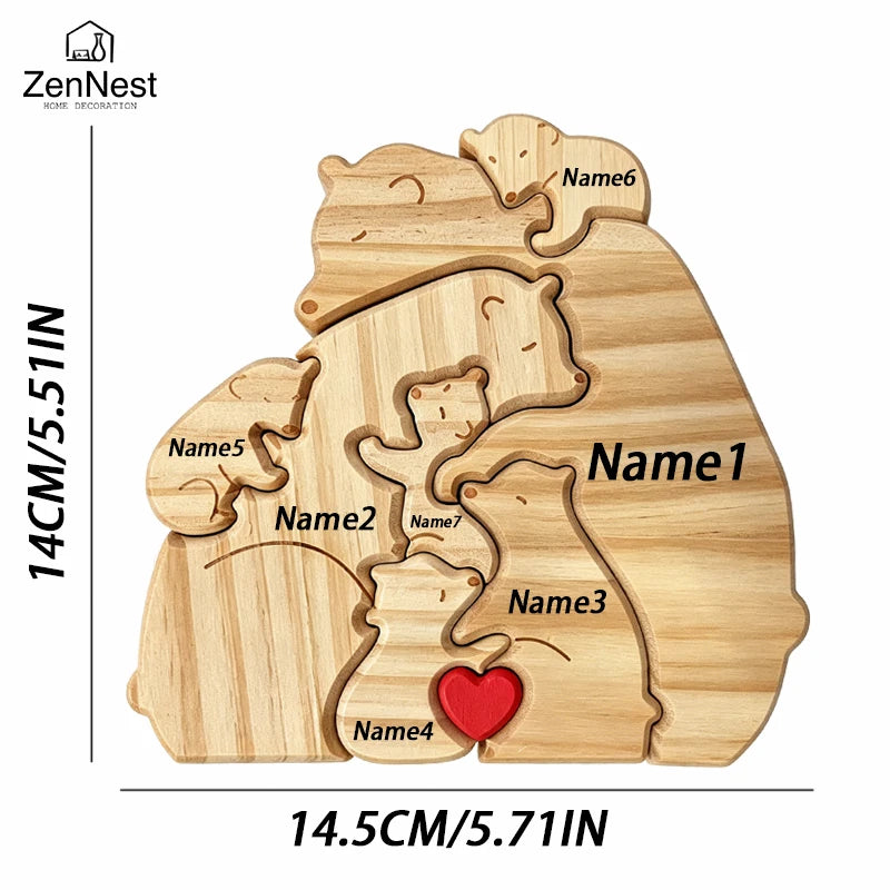 Ours, famille, bois, personnalise, prenom, gravure, coeur, puzzle, figurine, statue, decoration, maison, cadeau-anniversaire, fete-des-peres, chaleureux, cocon, sculpture.