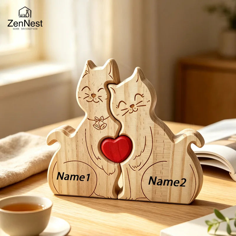 Puzzle Familial Chats en Bois Personnalisable – Statuette Décorative Prénoms Gravés
