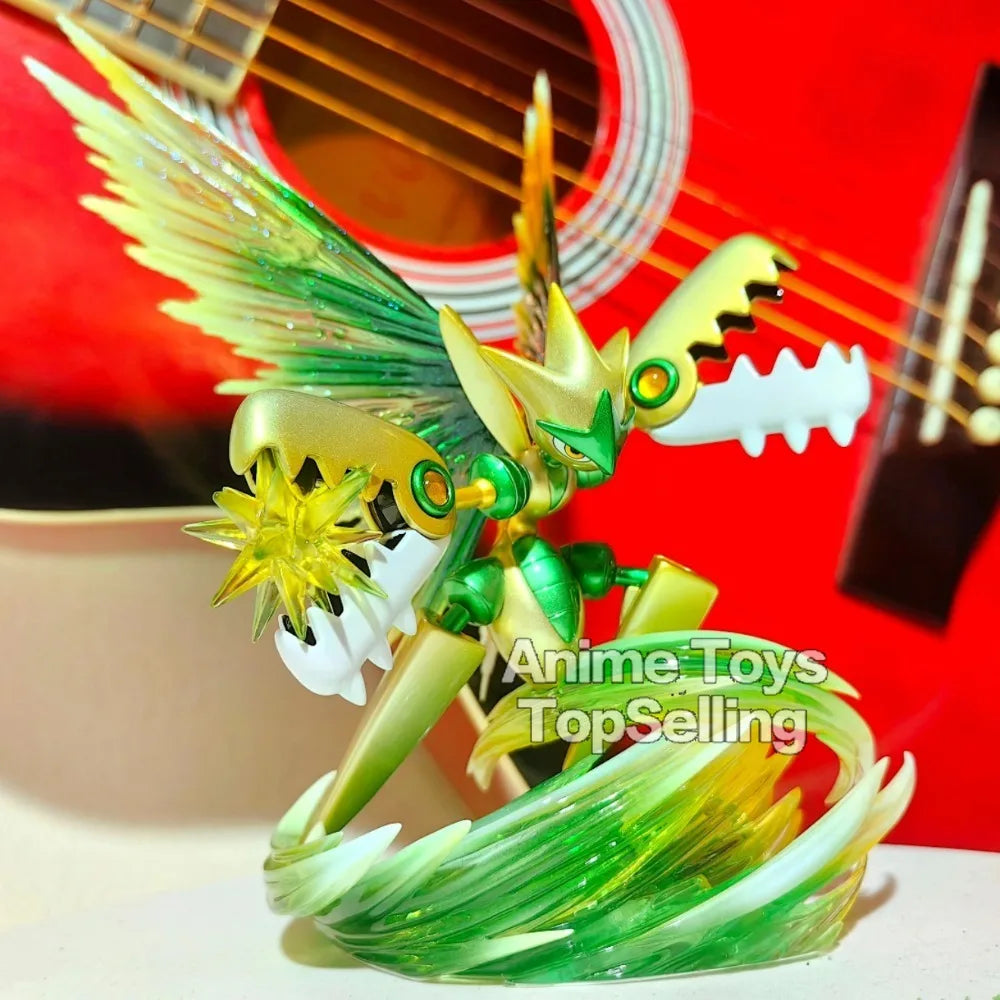 Figurine Pokémon de Cizayox en pleine attaque avec des effets d'énergie dynamiques et un socle détaillé.