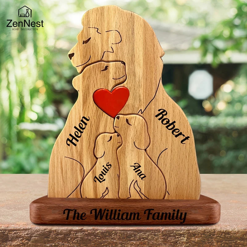 Statuette Lions Famille en Bois Personnalisée – Puzzle Décoratif Cœur & Noël