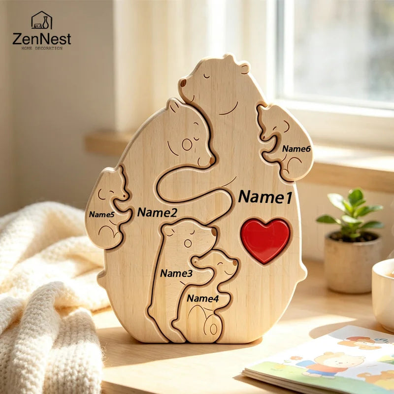 Puzzle Familial Ourse & Oursons en Bois Personnalisé – Statuette Cœur Gravée
